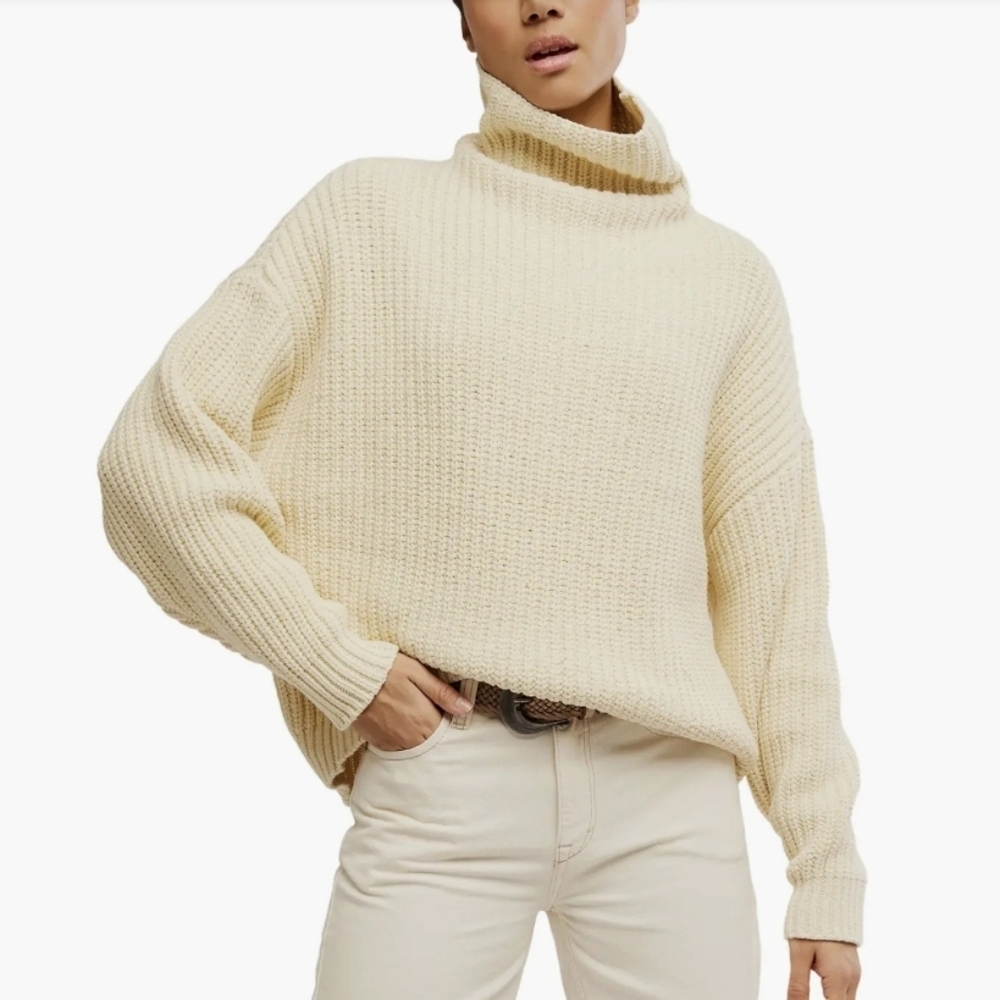 Free People Swim Too Deep Oversized Turtleneck Shaker Knit Sweater - Size XL